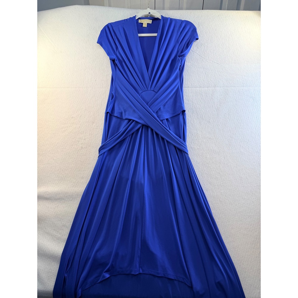 Michael Kors Royal Blue Draped Twist Front Maxi Dress Size 4 Short Sleeve